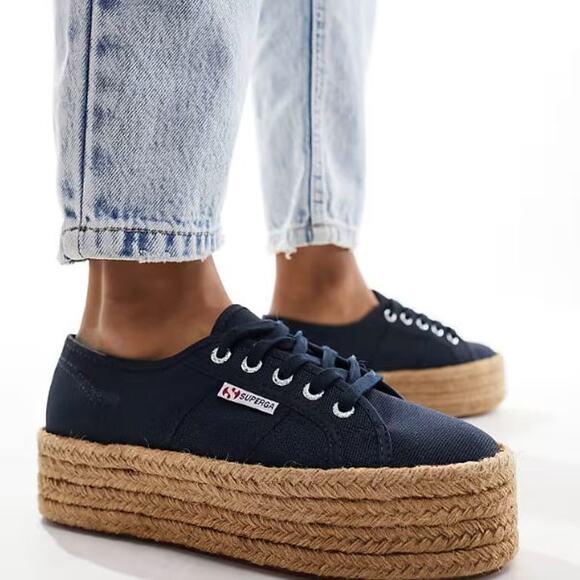 Superga 2790 Rope Sole Flatform Trainers Lace Up Sneakers Navy Blue Women's 12 - Picture 1 of 7